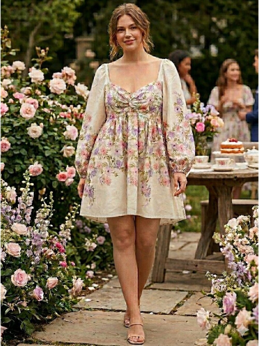Express Floral Cutout Dress Long Puff Sleeves Square Neckline Sz XL Twist Front